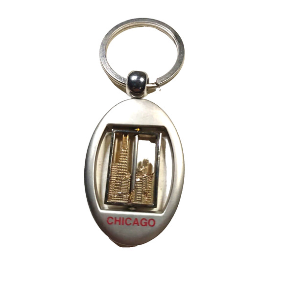 Chicago Spinner Keychain Silver Gold Tone Souvenir - Picture 1 of 5